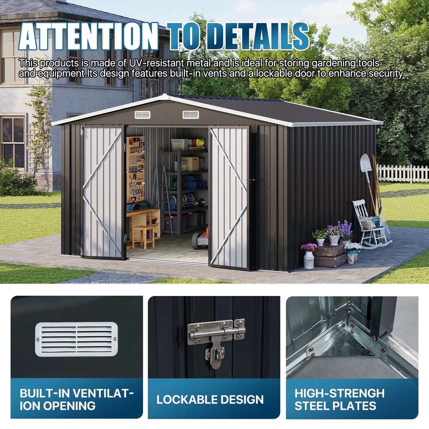 Clouddwell 10 x 12FT Shed Outdoor Storage Shed with Double Hinged Large Door, Large Metal Shed with Lockable Door & Sloped Roof for Garden, Backyard, Patio and Backyard, Black