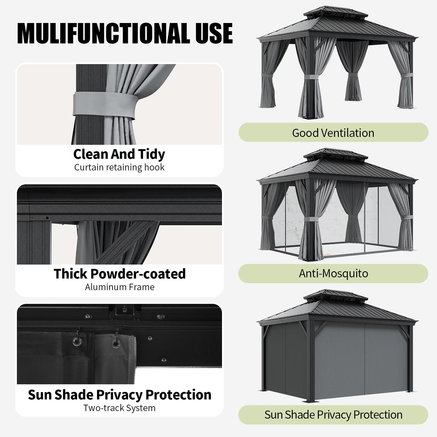 Clouddwell 12' x 20' Hardtop Gazebo with Double Roof, Aluminum Frame Outdoor Patio Gazebo with Netting & Curtains, Metal Roof Canopy with Built-in Drainage System