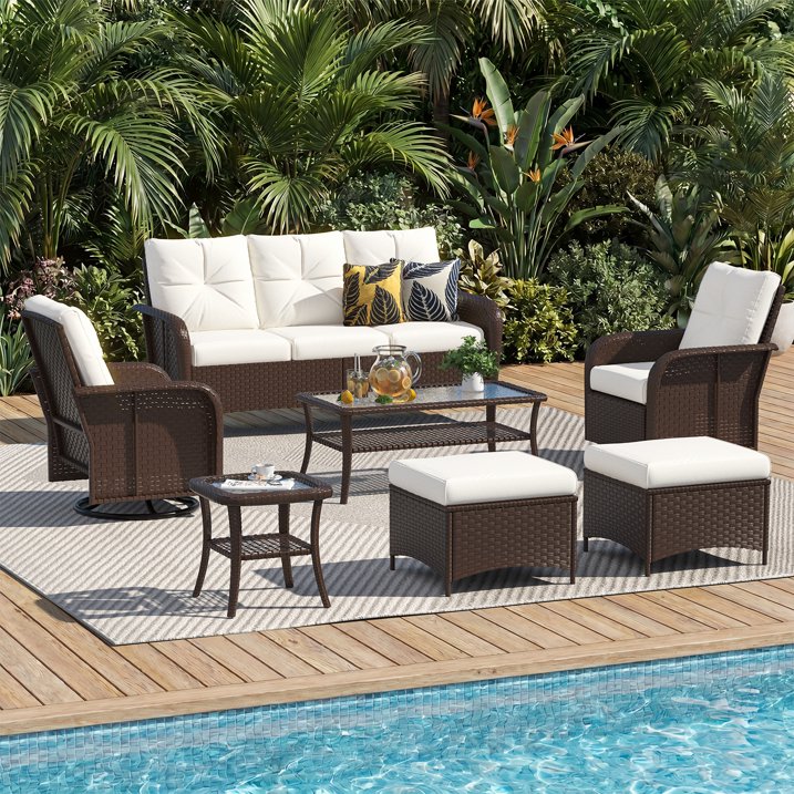 Sunmthink 7-Piece Patio Furniture Set, High Back Swivel Rocker Chairs with Thick Cushions, Wicker Rattan Outdoor Sectional Sofa with Coffee Table & Ottoman, Beige