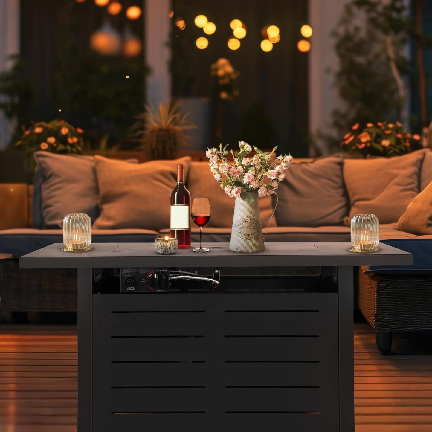 ClouddwellOutdoor 44" 50,000 BTU Propane Gas Fire Pit Table, Ceramic Tabletop and Rattan Weaved Iron Frame, Water-Proof Oxford Cover, Glass Wind Guard