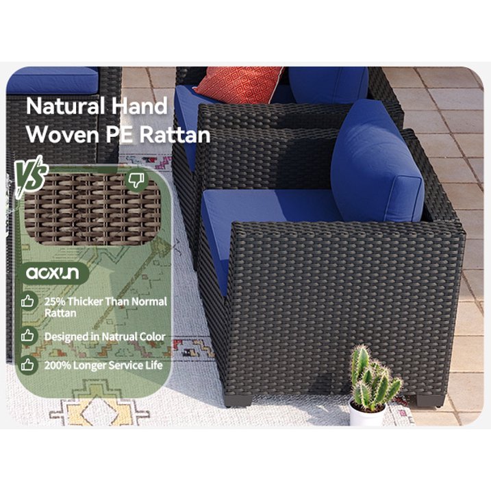 7 Piece Outdoor Wicker Patio Furniture Set, Rattan Sectional Sofa Sets with Navy Blue Cushions