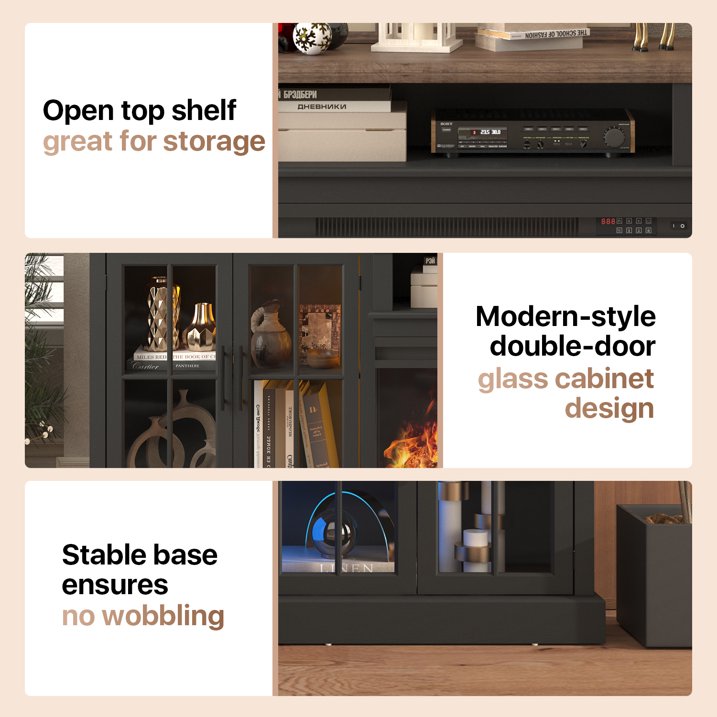 Sonegra 98" Farmhouse TV Stand with Fireplace for TVs up to 100", Media Entertainment Center with Adjustable Shelves and Large Storage Cabinets, for Living Room, Black