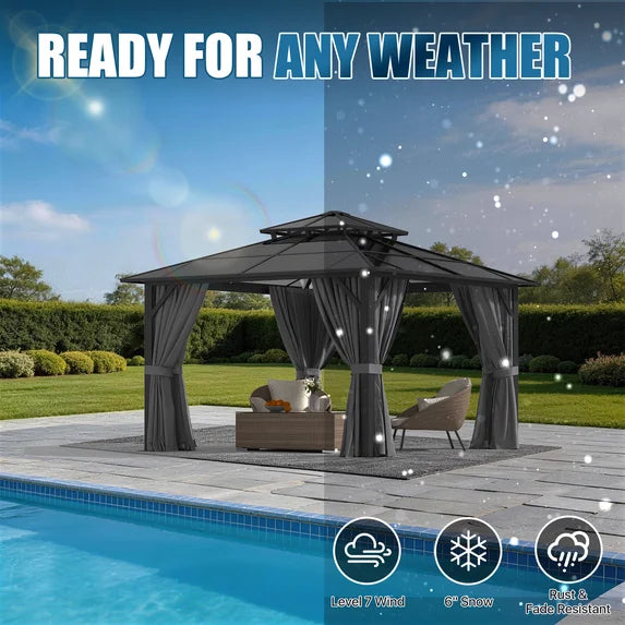 Sunmthink 12' x 12' Hardtop Gazebo,Polycarbonate Double Roof,Aluminum Frame with Curtains and Netting for Patio,Garden,Gray