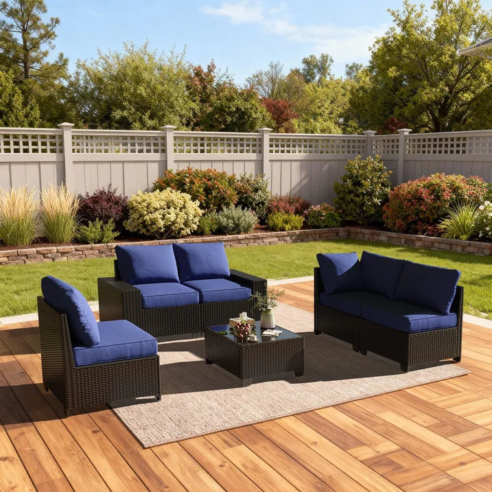 Clouddwell 6-Piece Outdoor Patio Set,4-Inch Thickened Cushions, All-Weather Wicker Sectional with Coffee Table & Custom Protective Cover Navy Blue
