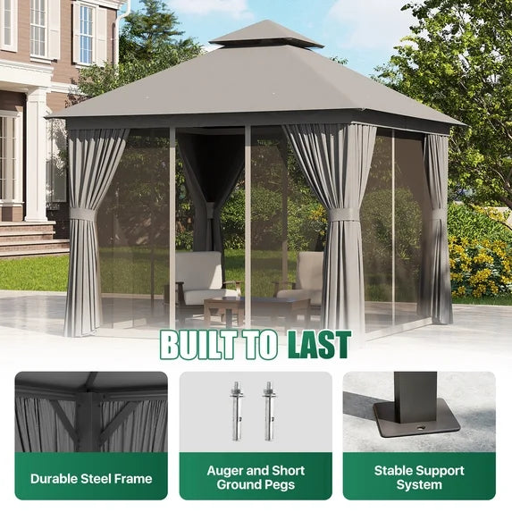 Clouddwell 10'x 10' Patio Gazebo Double Roof Protection All-Weather Outdoor Shelter Features Insect Screens & Privacy Curtains Ideal for Backyard, Lawn, (Gray)