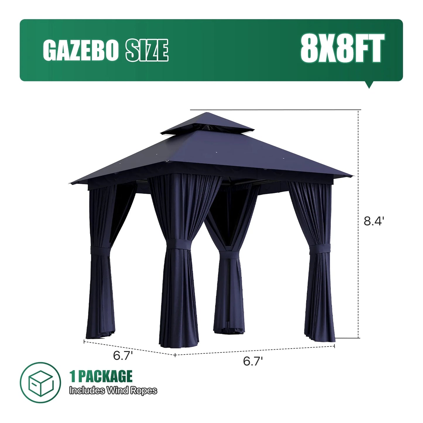 Clouddwell 8'x 8' Patio Gazebo Double Roof Protection All-Weather Outdoor Shelter Features Insect Screens & Privacy Curtains Ideal for Backyard, Lawn, (Blue)