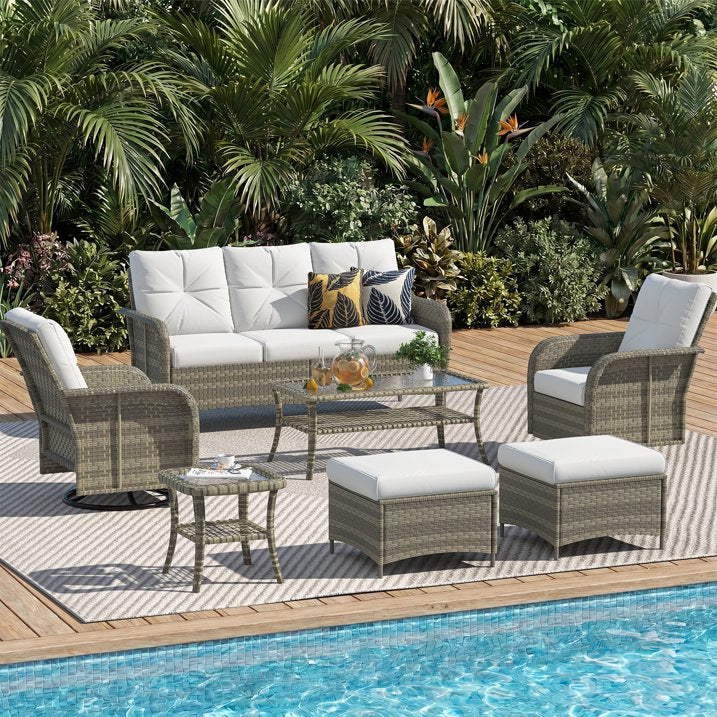 Sunmthink 7-Piece Patio Furniture Set, High Back Swivel Rocker Chairs with Thick Cushions, Wicker Rattan Outdoor Sectional Sofa with Coffee Table & Ottoman, Gray