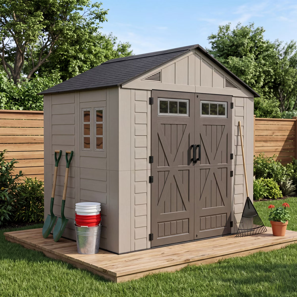 Dateyes 6'x8' Heavy Duty Resin Outdoor Storage Shed with Floor, All-Weather Resin Tool Shed with Window & Lockable Double Doors, Easy Assembly for Garden, Patio, Backyard