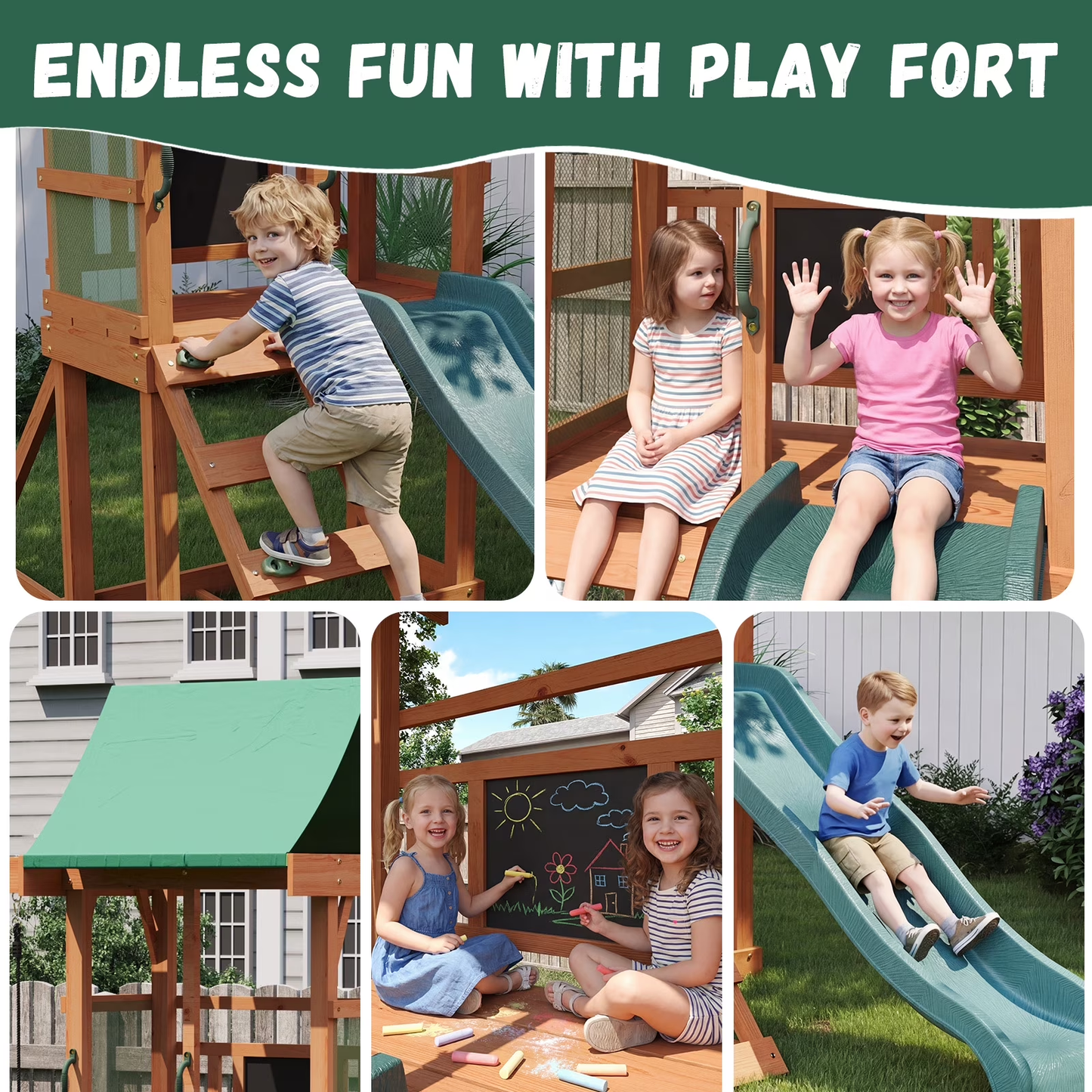 Clouddwell Wooden Swing Set for Backyard Playground Swingset with Slide Kid Outdoor Play Set with Play Deck, Rock Wall Ladder, Belt Swings, Chalkboard