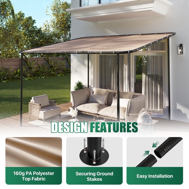 Clouddwell 10×12 FT Wall-Mounted Sloped Roof Outdoor Pergola Canopy, Water-Resistant & UV-Resistant Metal Patio Gazebo for Backyard Garden Porch in Khaki