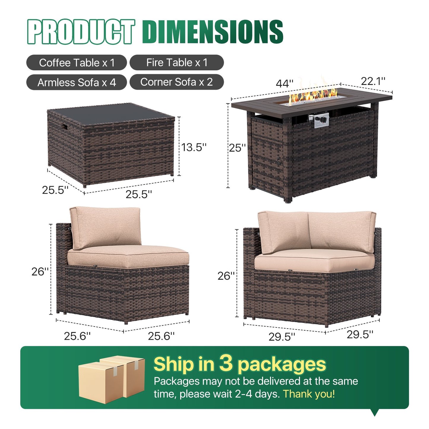 Clouddwell 8 Piece Patio Furniture Set with 44” Fire Pit Table Wicker Rattan Patio Conversation Set Outdoor Sectional Sofa Set with Coffee Table and Blue Cushions(Waterproof Cover Included)