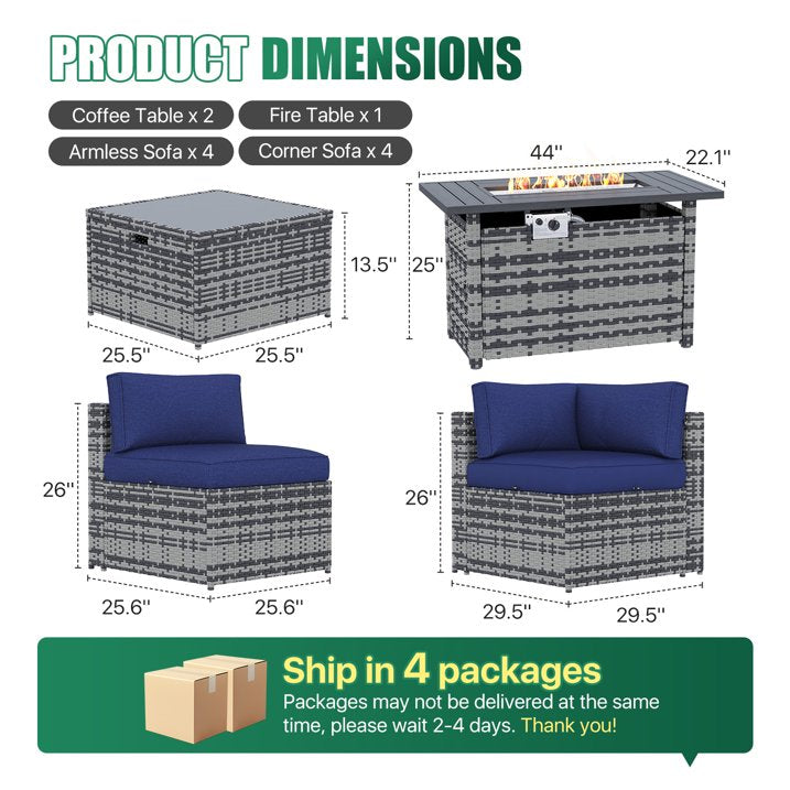 Clouddwell 11 Piece Patio Furniture Set with 44” Fire Pit Table Wicker Rattan Patio Conversation Set Outdoor Sectional Sofa Set with Coffee Table and Blue Cushions