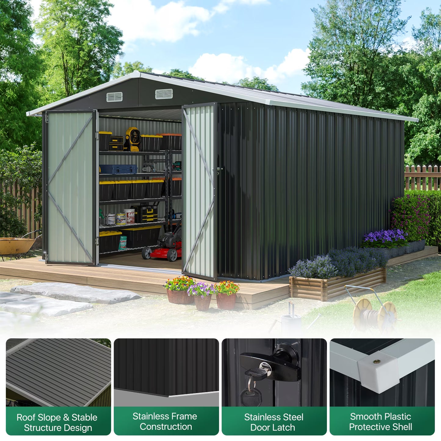 Clouddwell 10x12 ft. Metal Storage Shed, Waterproof Steel Garden Shed with Lock, Black