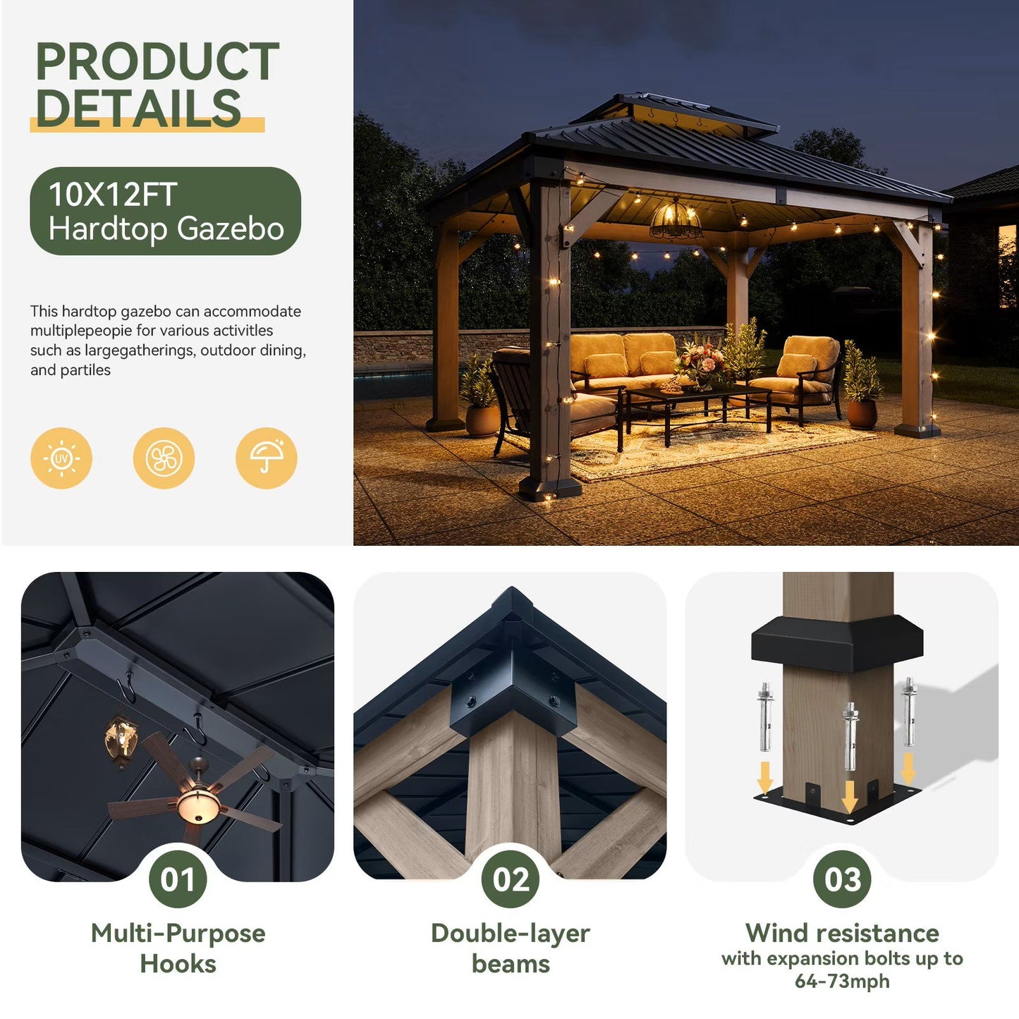 Sunmthink 10' x 12' Outdoor Cedar Wood Gazebo, Hardtop Gazebo Wooden Pavilion with Galvanized Steel Double Roof, for Patio, Garden, Deck