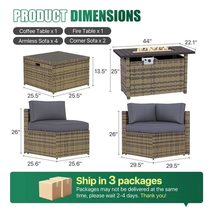 Clouddwell 8 Piece Patio Furniture Set with 44” Fire Pit Table Wicker Rattan Patio Conversation Set Outdoor Sectional Sofa Set with Coffee Table and Gray Cushions(Waterproof Cover Included)