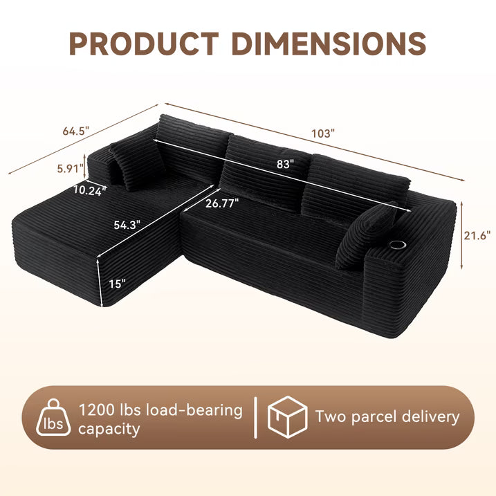 LazySunsets 103" Boneless Couch for Living Room, L-Shaped Modular Sectional Sofa with Wide Armrests and Cup Holders, Corduroy Cloud Cuch No Assembly, Black