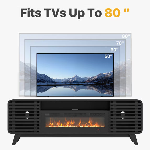 Sonegra Fireplace TV Stand with 36" Electric Fireplace, Mid Century Modern Entertainment Center with Led Lights for 80" TVs , Wood Media Console with Slatted Sliding Doors for Living Room, Black