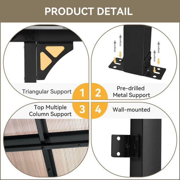 Aoxun 8' x 10' Gazebo for Patio, Large Wall-Mounted Heavy Duty Awnings, Gazebo Pergola with Sloped Roof, for Backyard, Deck, Patio