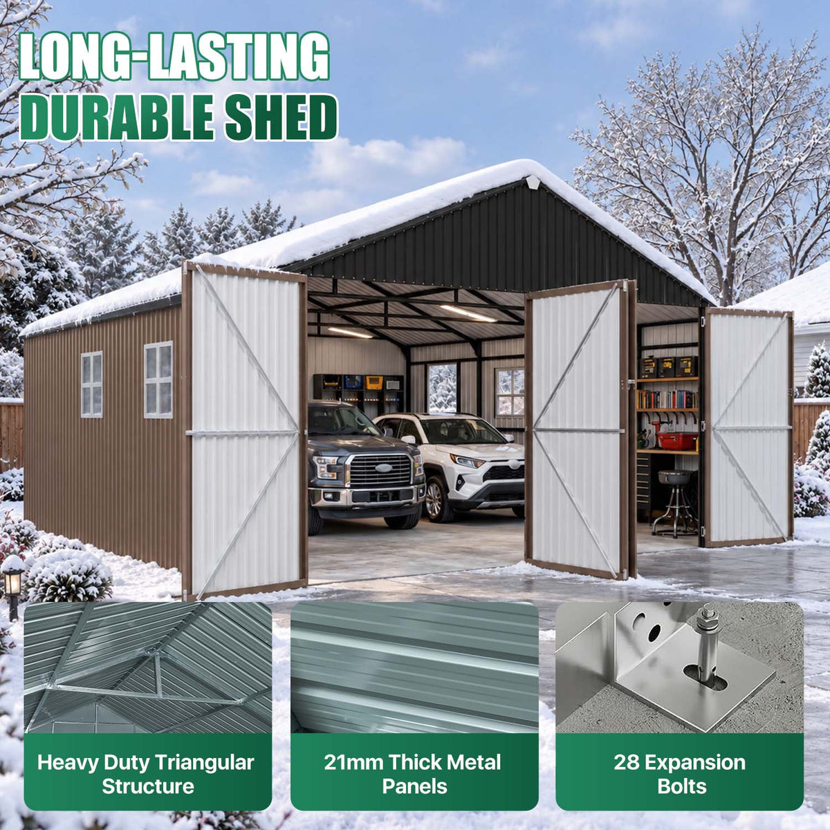 LazySunsets 20 x 20 FT Outdoor Storage Shed, Large Metal Garage Carport Shed, Heavy Duty Car Port with Double Front Doors & Side Door, Brown