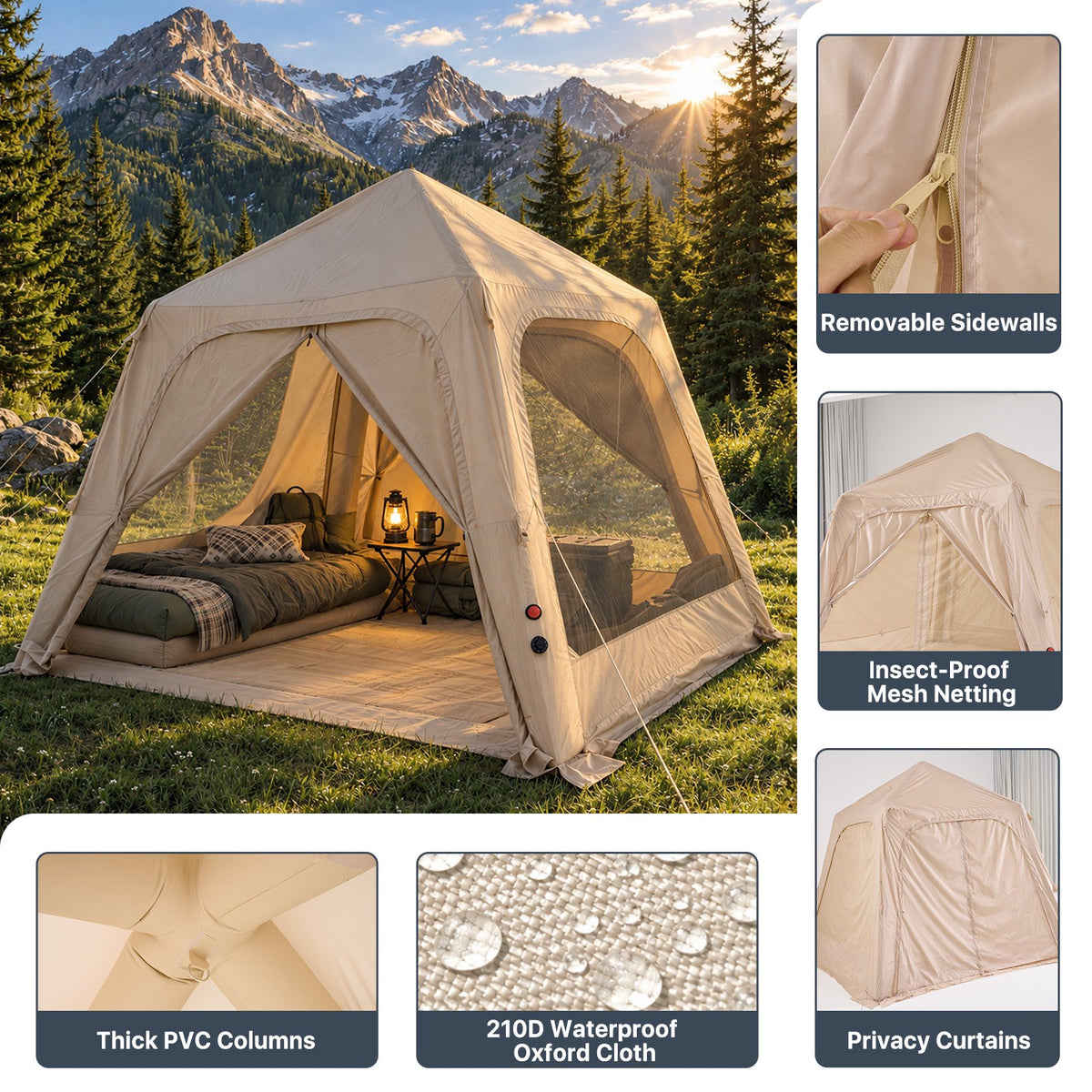 Dateyes Inflatable Camping Tent for 5-7 Person, Quick Blow-up Family Tent, Lightweight Portable Outdoor Shelter for Camping, Beach and Festivals, Beige