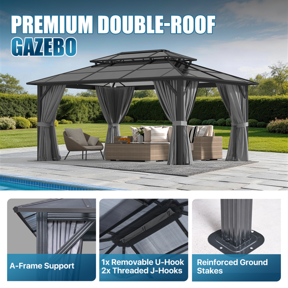 Sunmthink 12' x 16' Hardtop Gazebo,Polycarbonate Double Roof,Aluminum Frame with Curtains and Netting for Patio,Garden,Gray