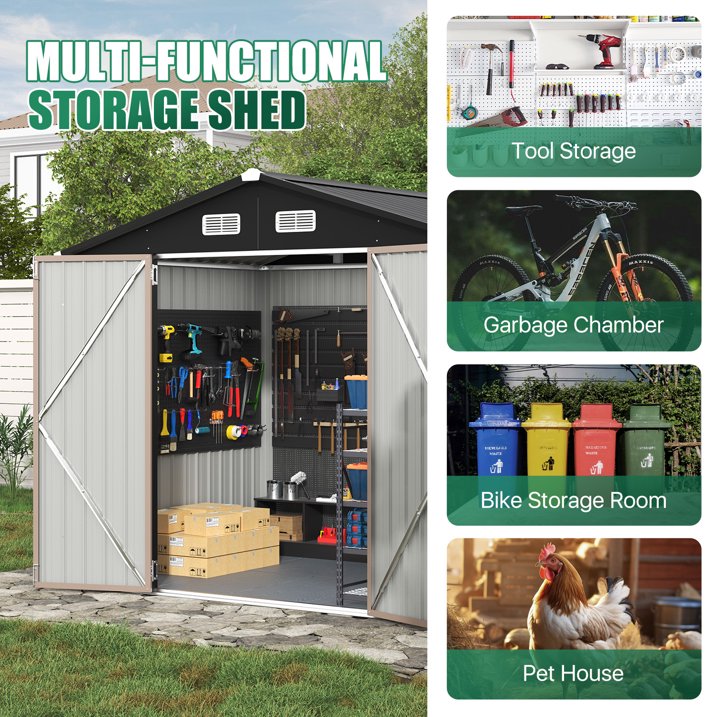 Clouddwell 7.4x5.3ft Galvanized Steel Storage Shed with Floor & Double Doors - Brown