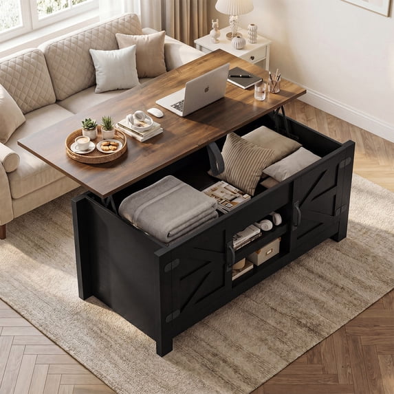 Sonergra Lift Top Coffee Table with Storage, Farmhouse Living Room Table with Charging Station & Barn Doors, Black