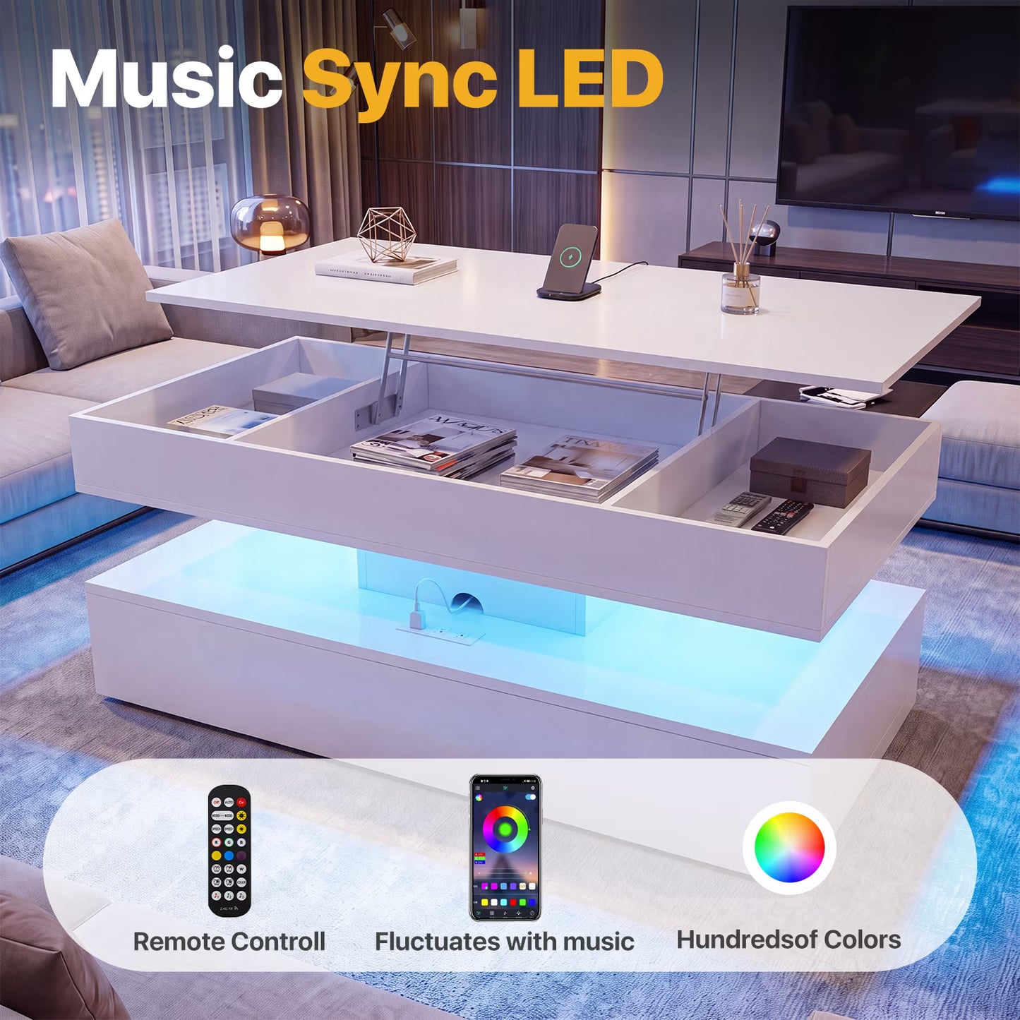 Sonegra 47" High-Glossy LED Lift Top Coffee Table with 2 Sliding Drawers, Large Open Storage Space & Ambient LED Lighting, Modern Double-Layer Livingroom Table, White