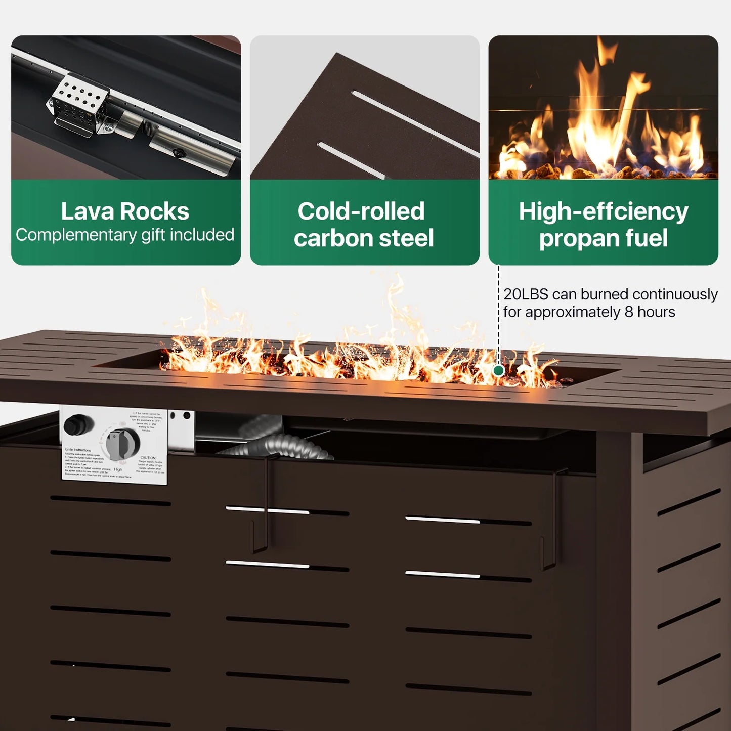 Clouddwell 40" Black Propane Fire Pit Table, 50,000 BTU Outdoor Gas Firepit with Lava Rocks, Removable Lid & Waterproof Cover for Patio Brown