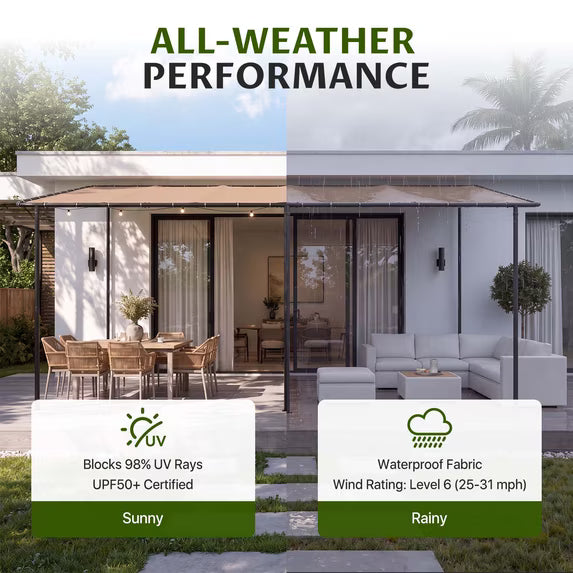 Dateyes 20'x12' Wall-Mounted Metal Gazebo , Water-Resistant Khaki Canopy with UV Protection for Patio & Garden