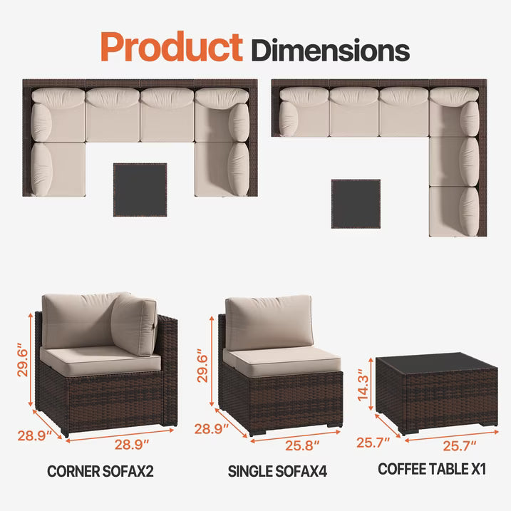 Dateyes 7-Piece Outdoor Patio Sectional Sofa Set, All-Weather Wicker Rattan Furniture with Coffee Table & Waterproof Cover (Off-White)