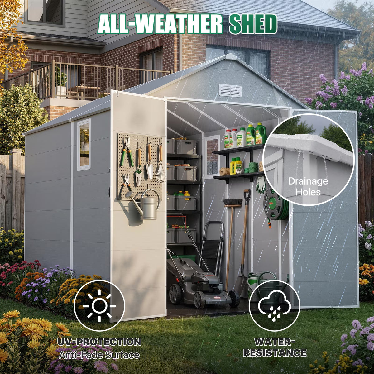 Dateyes 6 x 10 FT Resin Outdoor Storage Shed, Outdoor Sheds with Floor & Window, All-Weather Heavy Duty Plastic Shed for Backyard, Garden, Patio, Light Gray