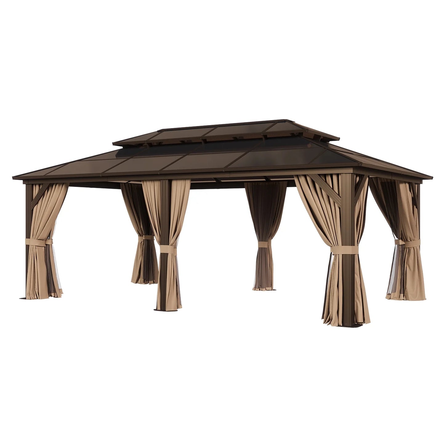 Sunmthink 12'x20' Hardtop Steel Gazebo - Durable Polycarbonate Double-Roof Design with Included Privacy Curtains & Bug Netting - Ideal for Gardens, Patios and Backyards (Brown)
