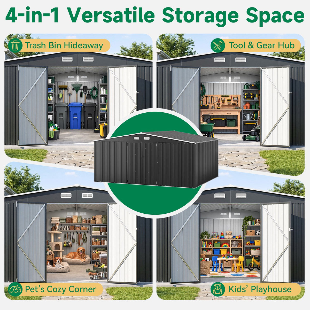 Clouddwell 14 ft. x 12 ft. Outdoor Storage Shed, 800 cu. ft. Brown Steel Utility Shed with Lockable Door for Garden, Black