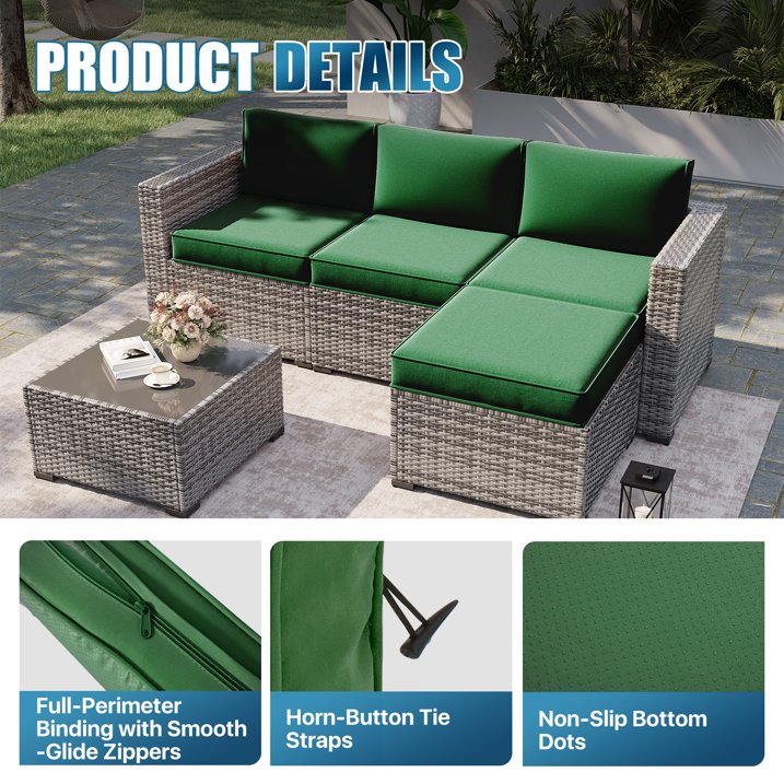 Clouddwell 7-Piece Outdoor Cushion Set for 4-Seat Wicker Sectional - Waterproof, High-Resilience Foam(Black Green)