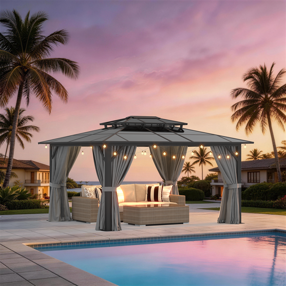 Sunmthink 12' x 14' Hardtop Gazebo,Polycarbonate Double Roof,Aluminum Frame with Curtains and Netting for Patio,Garden,Gray