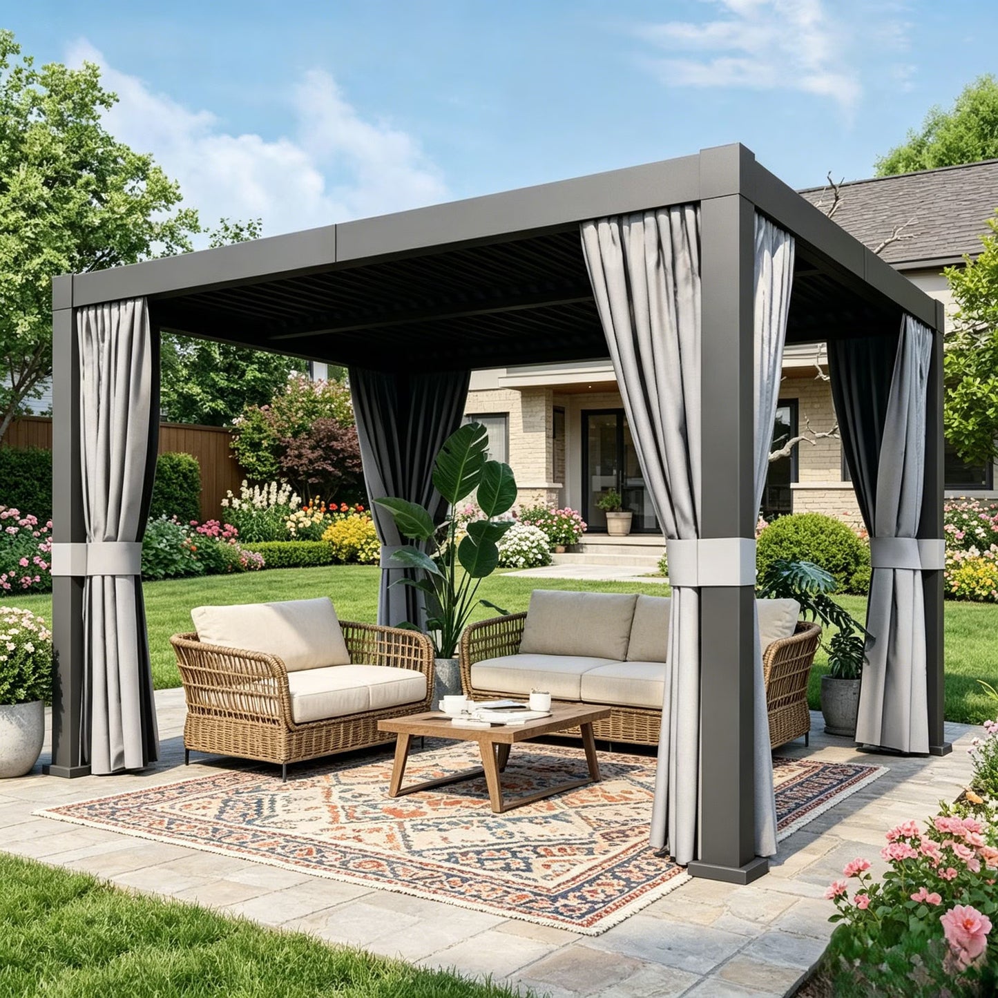 Clouddwell 10' × 12' Adjustable Louvered Pergola, Outdoor Aluminum Pergola with Curtains & Netting for Backyard, Deck & Poolside, Gray