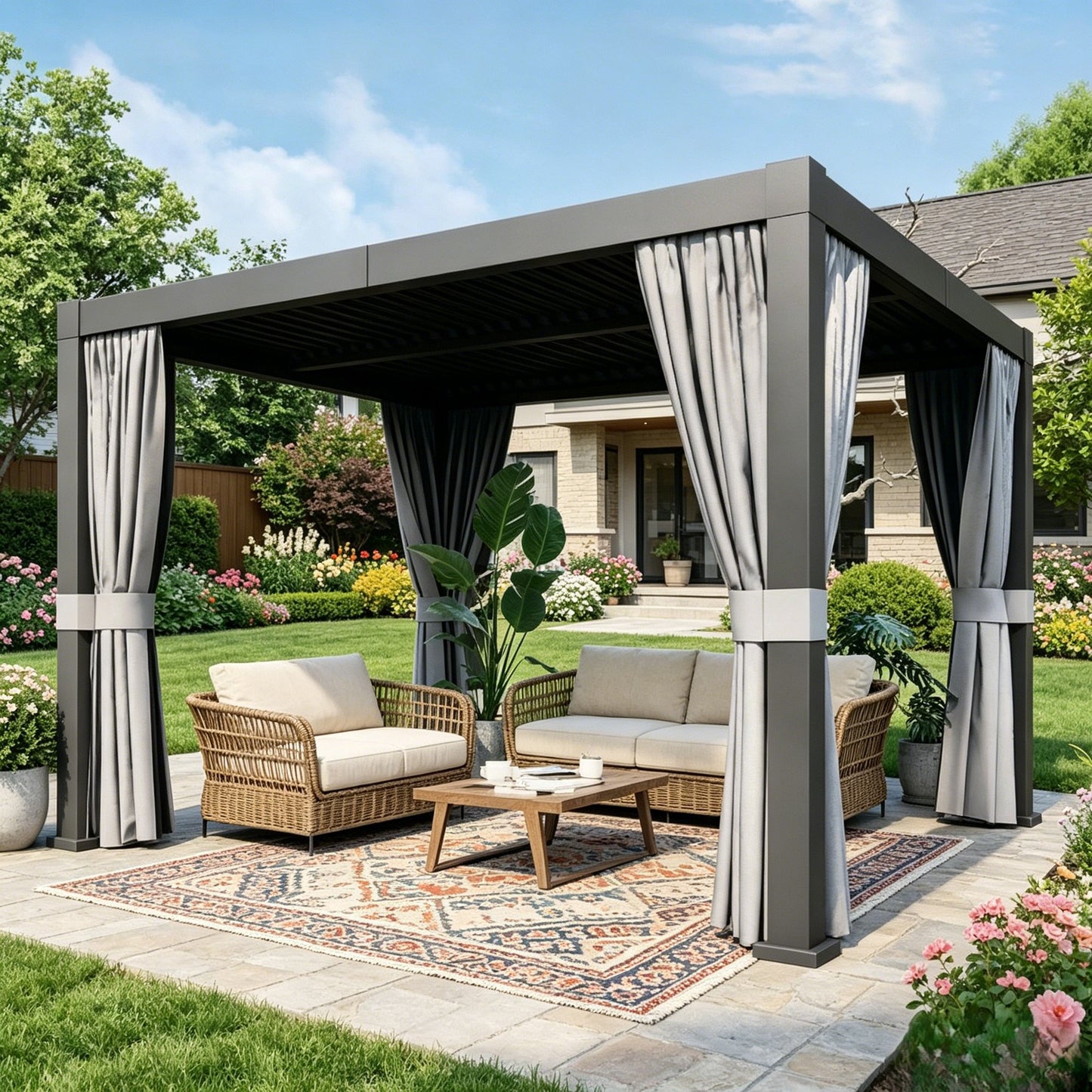 Sunmthink 10' x 12' Louvered Pergola, Outdoor Aluminum Pergola with Curtains & Netting for Decks, Gardens and Backyards, Gray
