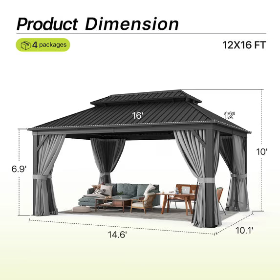 Dateyes 12x16 FT Outdoor Hardtop Gazebo, Aluminum Frame Gazebo with Removable Mesh Walls and Curtains for Patio, Lawns, Gray