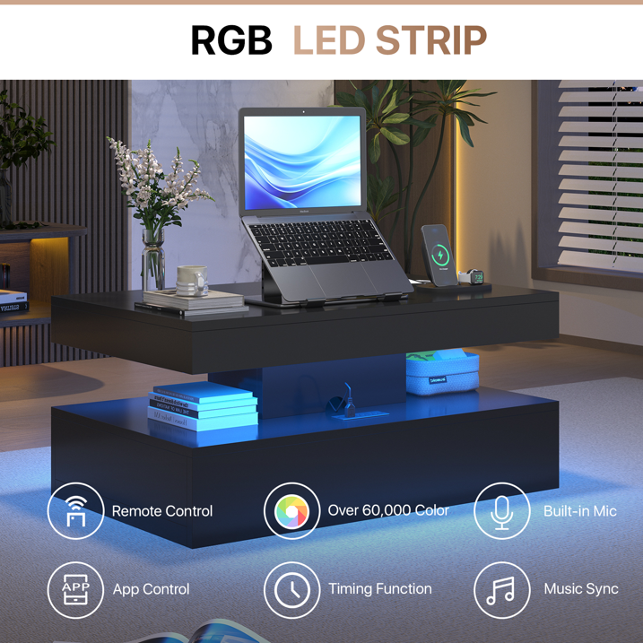 Sonegra 39" High-Glossy LED Coffee Table, Storage Coffee Table with 2 Sliding Drawers for Living Room, Modern Stylish Double-Layer Center Tables with LED Lights, Black