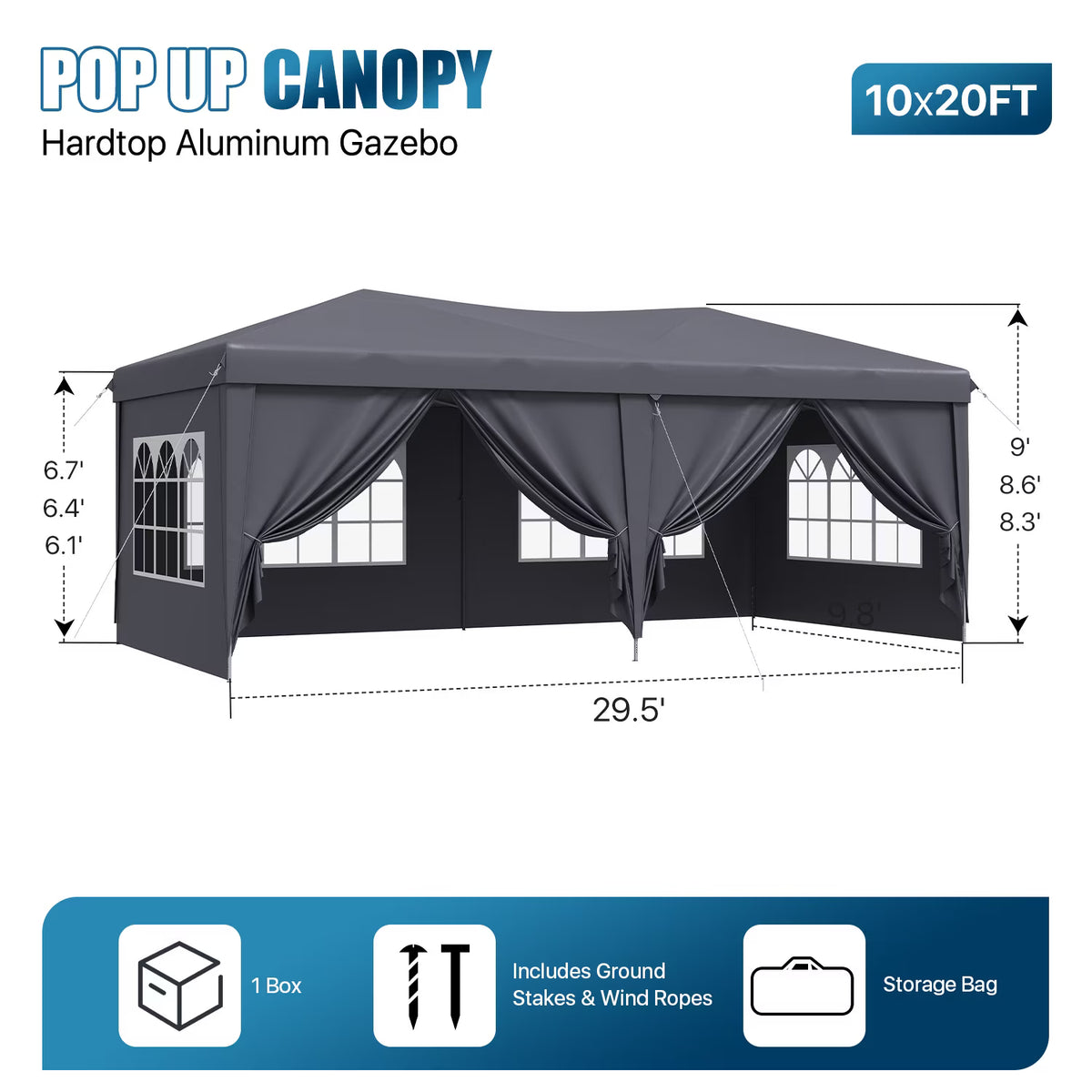 Dateyes 10x20 Pop Up Canopy Tent, Waterproof Party Tent with 6 Removable Sidewalls, 3-Level Height Adjustable Event Tent, Instant Shelter for Wedding, Party, Commercial & Market Events,Gray
