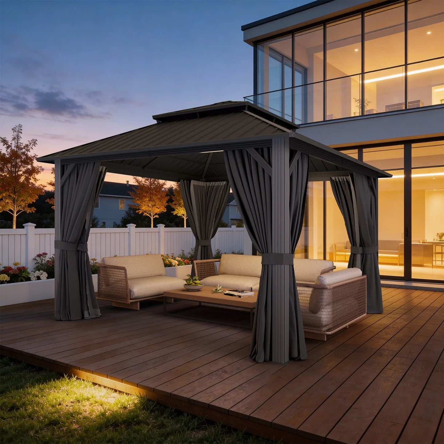 Sunmthink 10' x 14' Hardtop Gazebo with Mosquite Netting, Double Metal Roof for Lawn and Garden, Gray