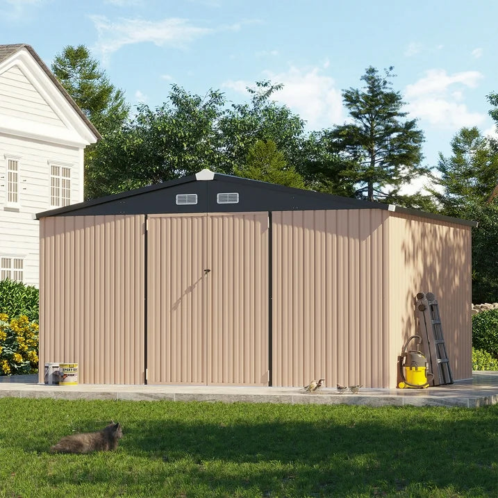 Clouddwell 12x10 ft. Metal Storage Shed, Waterproof Steel Garden Shed with Lock, Brown