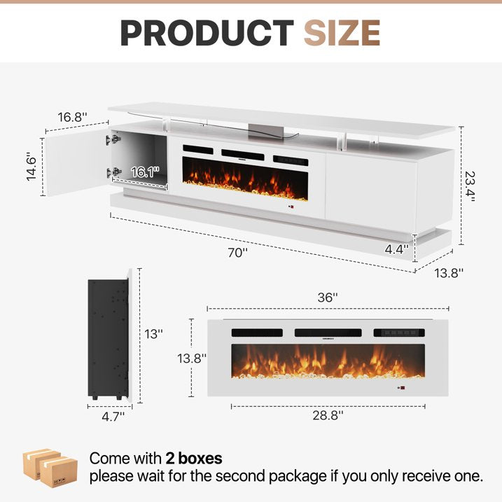 Sonegra Modern Fireplace TV Stand for TVs Up to 80" with Music Sync LED, 70" Entertainment Center with Electric Fireplace, TV Console with Storage Cabinets for Living Room, White