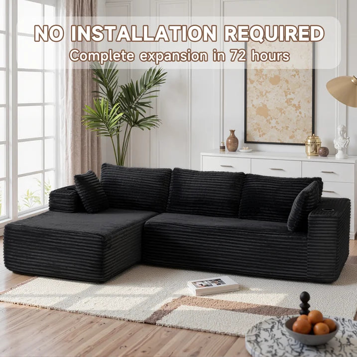 Sunmthink Cloud Couch Corduroy Modular Sectional Sofa L-Shape Boneless Couch with Wide Armrests and Cup Holders for Living Room Bedroom, No Assembly Required (Black)