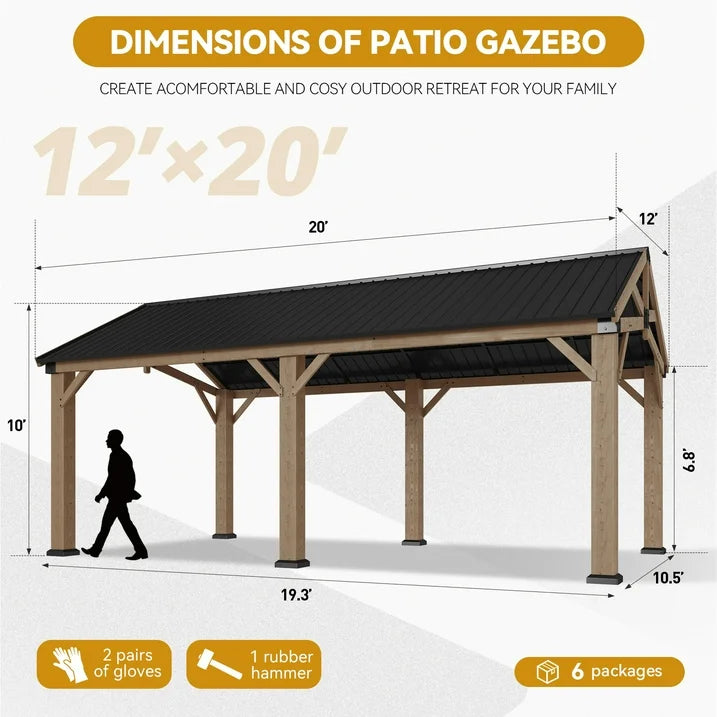 Sunmthink 12' x 20' Outdoor Wood Frame Gazebo, Hardtop Gazebo with Galvanized Steel, Permanent Wooden Pavilion for Patio Backyard Lawn Garden