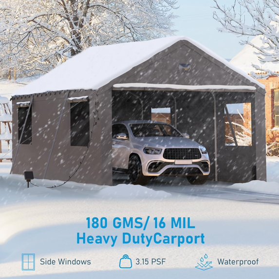 Clouddwell 12x20 Carport Canopy, Heavy Duty Car Port, Portable Car Ports Garage with 2 Roll-Up Zipper Drive Through Doors, Grey