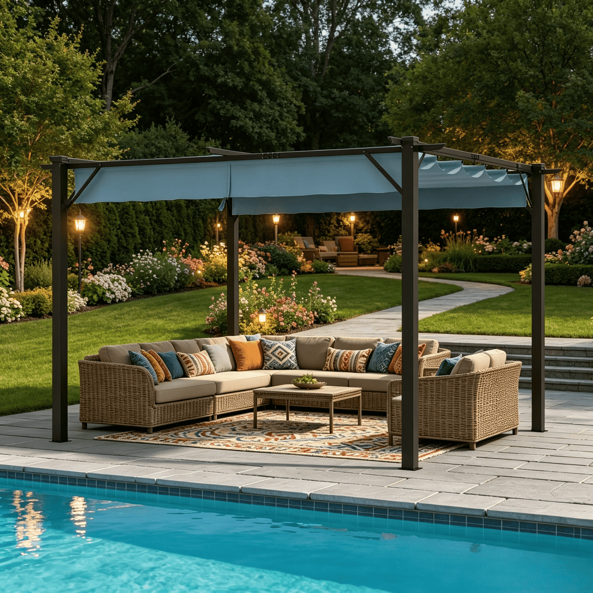Clouddwell 12x10 ft Outdoor Pergola with Retractable Canopy, Heavy-Duty Metal Frame Patio Pergola for Backyard & Garden, UV Protection Sun Shade, Blue
