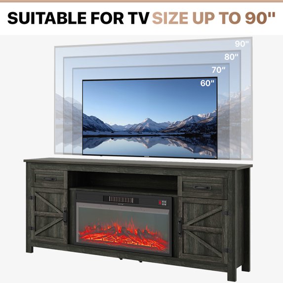 Sonegra 80" Fireplace TV Stand, Entertainment Center for TVs Up to 90”, TV Console with Storage Cabinets, Media Console for Living Room, White TV Stand and Black Fireplace, Gray