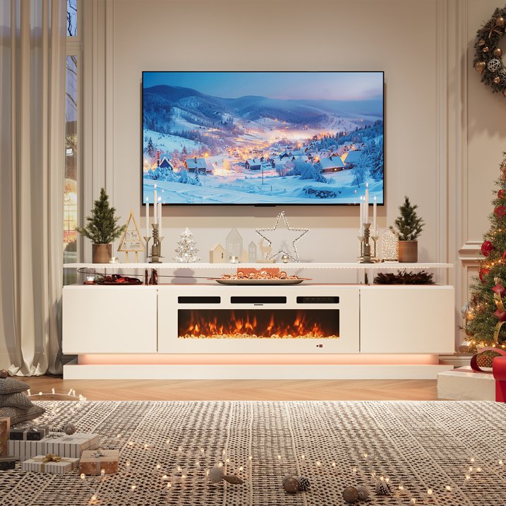 Sonegra Modern Fireplace TV Stand for TVs Up to 80" with Music Sync LED, 70" Entertainment Center with Electric Fireplace, TV Console with Storage Cabinets for Living Room, White